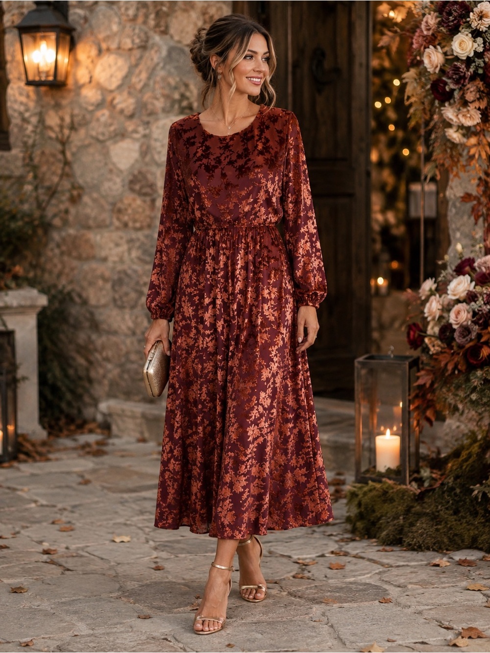 Baltic Born Thora Velvet Midi Dress Copper Floral Burnout Long Sleeve XL